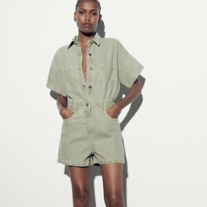 Zara‎ Womens Military Green Denim Romper Playsuit Cowgirl Utility 90s Boho Small